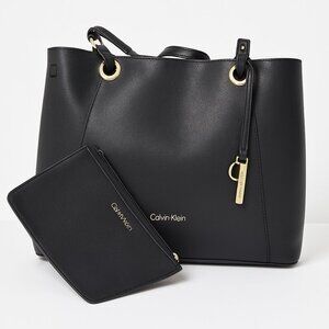 Calvin Klein Black Leather Tote with Gold Hardware + Matching Pouch
